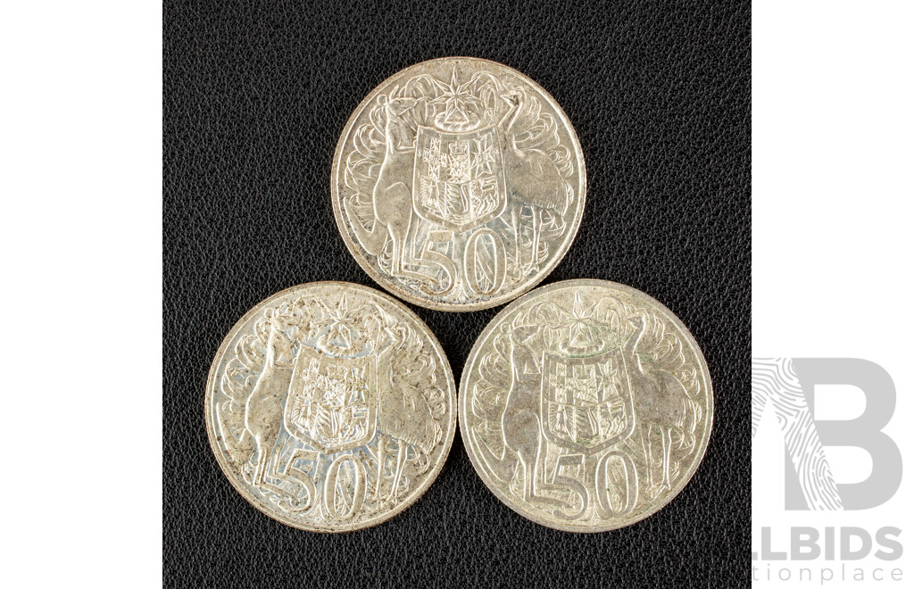 Three Australian 1966 Round Silver Fifty Cent Coins .800