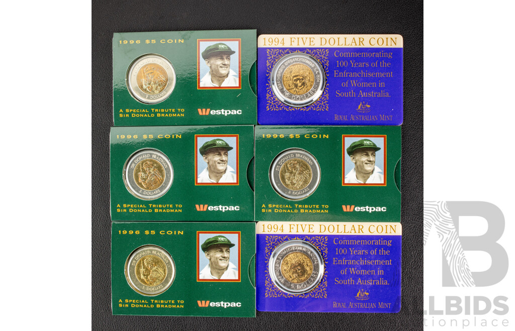 Six Australian RAM Commemorative Five Dollar Coins, Two 1994 One Hundred Years of the Enfranchisement of Women in South Australia and Four 1996 Tribute to Donald Bradman