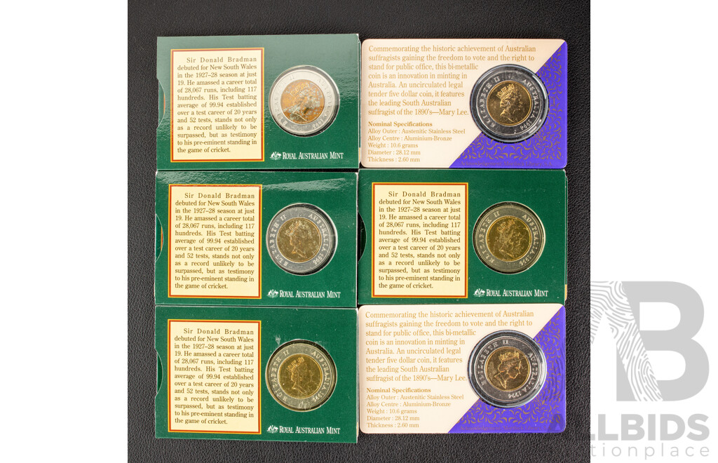 Six Australian RAM Commemorative Five Dollar Coins, Two 1994 One Hundred Years of the Enfranchisement of Women in South Australia and Four 1996 Tribute to Donald Bradman