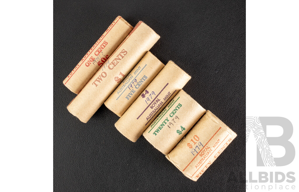 Australian RAM/Reserve Bank UNC 1979 One, Two, Five, Ten, Twenty, Fifty Cent Coin Rolls