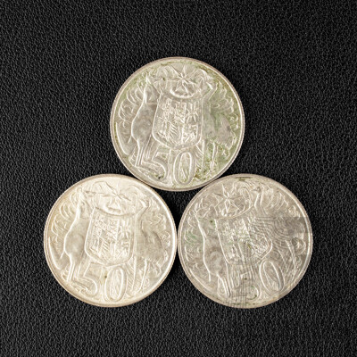 Three Australian 1966 Round Silver Fifty Cent Coins .800