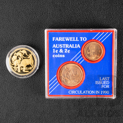 Australian RAM 1984 Proof One Dollar Coin, First Year Issue with 1989/90 UNC One and Two Cent Farewell Pair