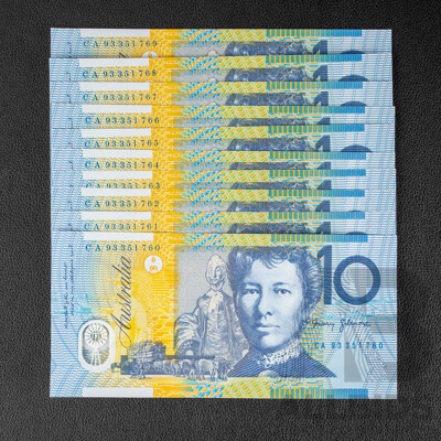 Ten Australian 1993 Ten Dollar Notes, Fraser/Evans, Consecutive CA 93351760 - CA 93351769