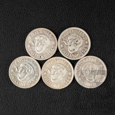 Five Australian KGVI Silver Shillings Including 1942, 1943(2) 1944(2) .925