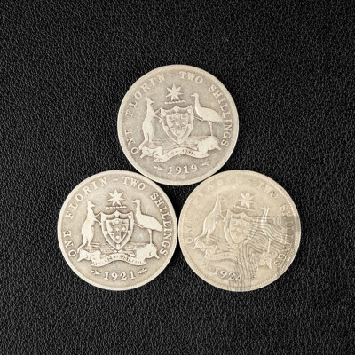 Three Australian KGV Silver Florins Including 1919M, 1921, 1924 .925