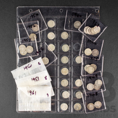 Sixty Australian Silver Threepence, Consecutive Examples Spanning 1948 to 1964 .500
