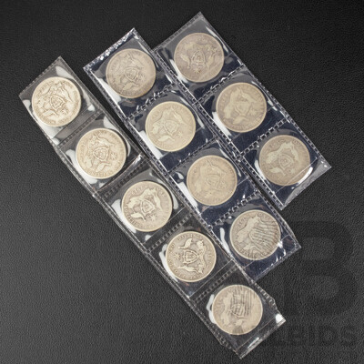 Twelve Australian KEVII/KGV Silver Florins Including 1910, 1911, 1912, 1913, 1914, 1915, 1916M, 1917M, 1918M, 1919M, 1921, 1922  .925