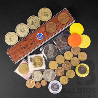 Australian Two Up Paddle with 1955 and 1953 Pennies, M.R Roberts, 1982 Archibald Memorial, 1979 Western Australia Sesquicentennial Coin, Adelaide Coin Club Coin, ACT Government Coin............