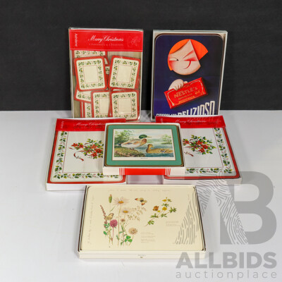 Collection of Vintage Place Mats and Coasters Including Pimpernel Matching North American Water Birds Set, Casa Collection Nestle 100th Anniversary Set, Christmas Themed Sets