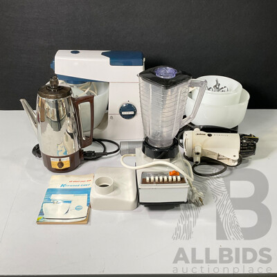Retro Kitchen Appliances Including Kenwood Chef Mixer, Sunbeam Mixmaster, Solid State Blender and Deluxe Kettle