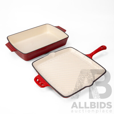 Cast Iron Enameled Ribbed Fry Pan and Baking Dish