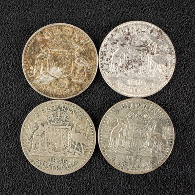 Four Australian KGVI/QE2 Silver Florins Including 1946, 1952, 1956, 1967 .500
