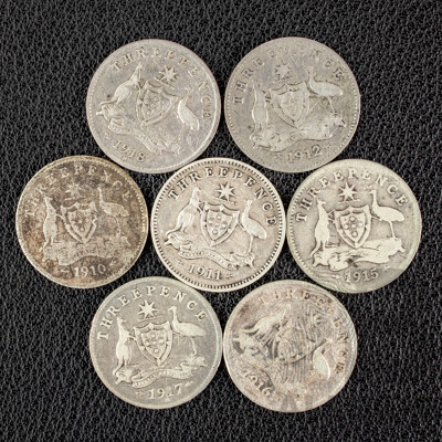 Seven Australian KEVII/KGV Silver Threepence Including 1910, 1911, 1912, 1915, 1916M, 1917M, 1918M  .925