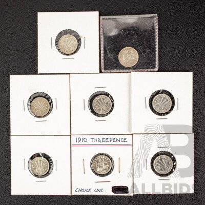Eight Australian High Grade Silver Threepence Including 1910, 1936, 1939, 1942(3) 1943(2) .925