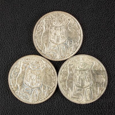 Three Australian 1966 Round Silver Fifty Cent Coins .800
