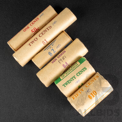 Australian RAM UNC 1981 One, Two, Five, Ten, Twenty, Fifty Coin Rolls