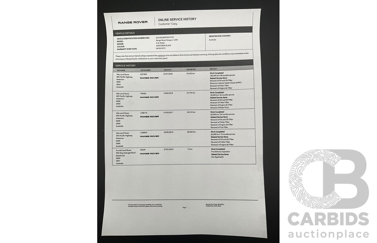 1/2015 Range Rover Evoque SD4 Pure LV MY15 5d Wagon Santorini Black Turbo Diesel 2.2L