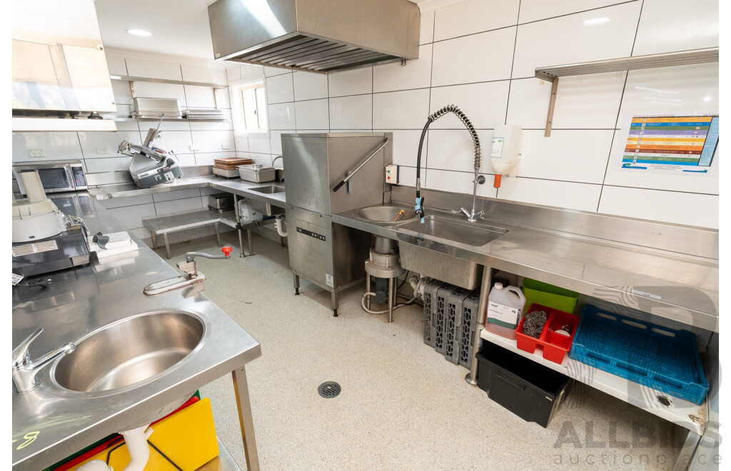 Custom Built U Shaped Stainless Steel Bench with Three Sinks, Hobart Washer, Hobart Garbage Disposal Unit and Skope Under Bench Fridge