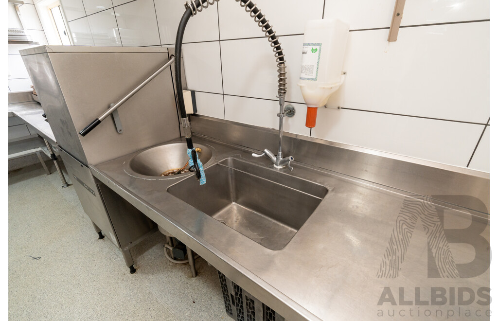 Custom Built U Shaped Stainless Steel Bench with Three Sinks, Hobart Washer, Hobart Garbage Disposal Unit and Skope Under Bench Fridge