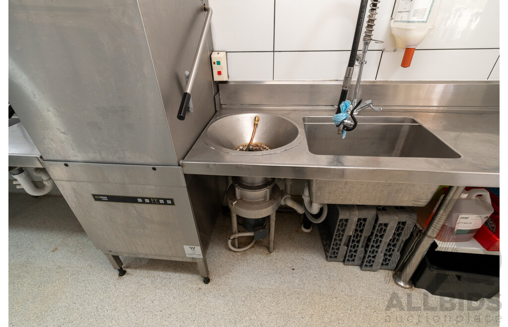 Custom Built U Shaped Stainless Steel Bench with Three Sinks, Hobart Washer, Hobart Garbage Disposal Unit and Skope Under Bench Fridge