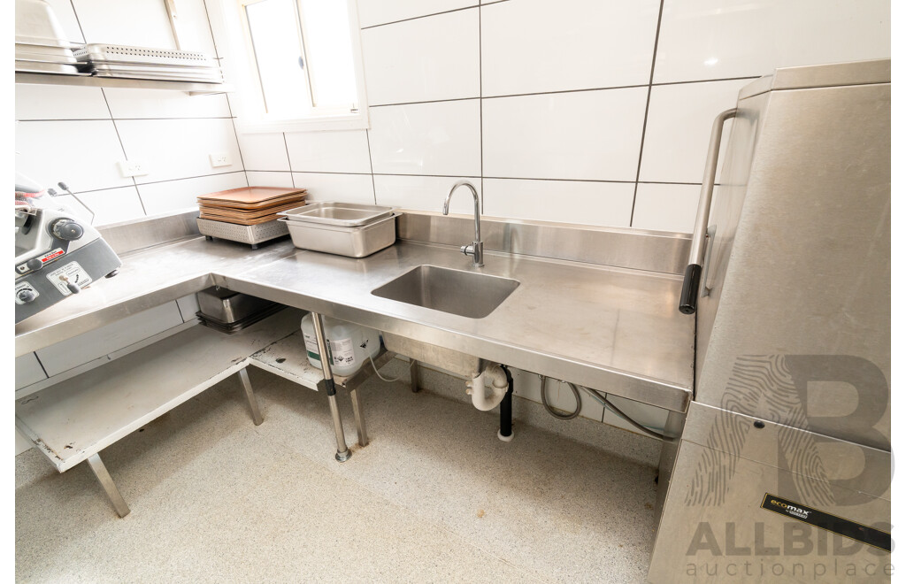 Custom Built U Shaped Stainless Steel Bench with Three Sinks, Hobart Washer, Hobart Garbage Disposal Unit and Skope Under Bench Fridge