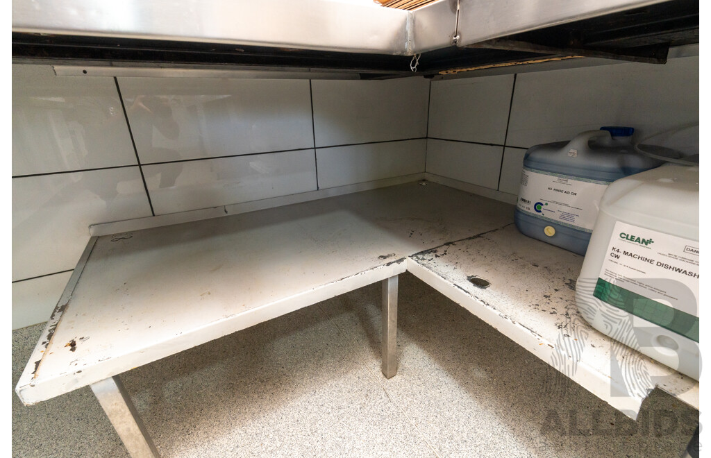 Custom Built U Shaped Stainless Steel Bench with Three Sinks, Hobart Washer, Hobart Garbage Disposal Unit and Skope Under Bench Fridge