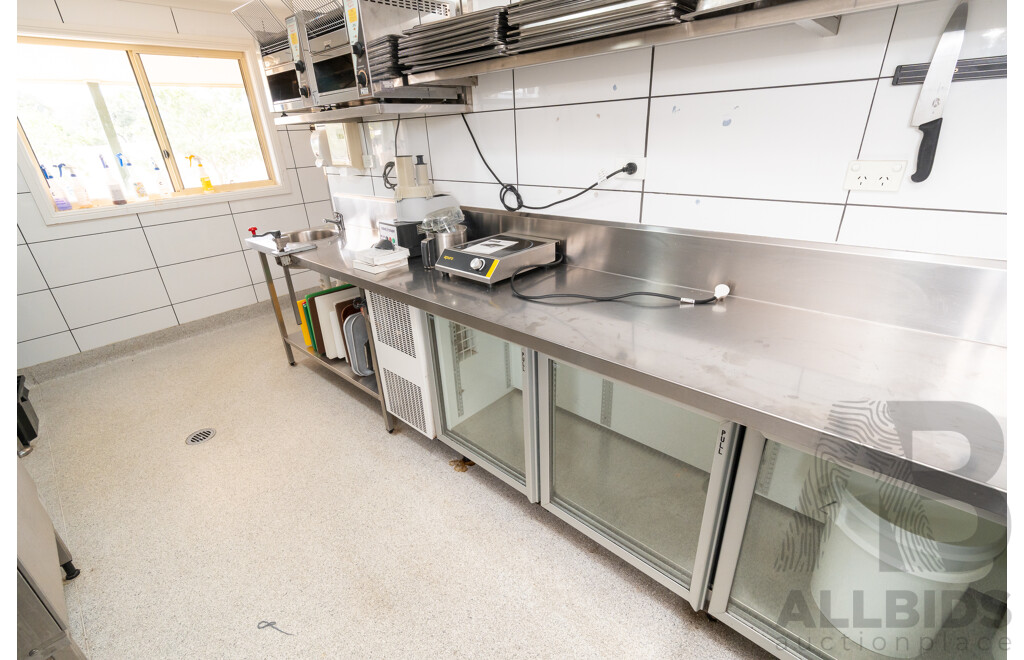 Custom Built U Shaped Stainless Steel Bench with Three Sinks, Hobart Washer, Hobart Garbage Disposal Unit and Skope Under Bench Fridge