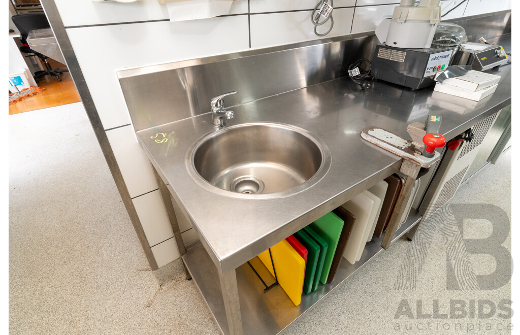 Custom Built U Shaped Stainless Steel Bench with Three Sinks, Hobart Washer, Hobart Garbage Disposal Unit and Skope Under Bench Fridge