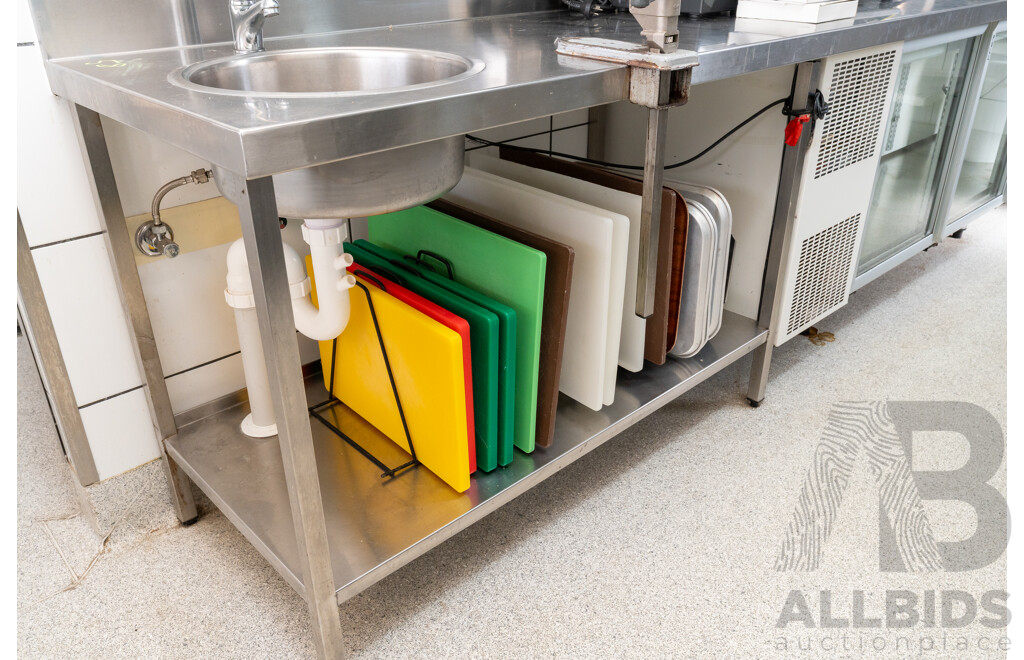 Custom Built U Shaped Stainless Steel Bench with Three Sinks, Hobart Washer, Hobart Garbage Disposal Unit and Skope Under Bench Fridge