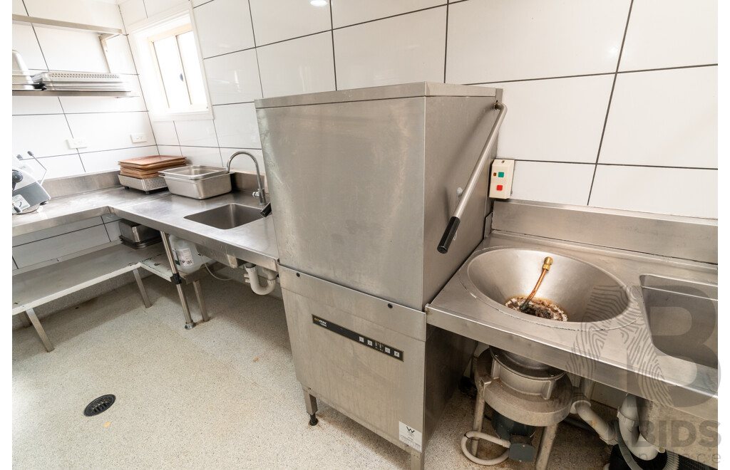 Custom Built U Shaped Stainless Steel Bench with Three Sinks, Hobart Washer, Hobart Garbage Disposal Unit and Skope Under Bench Fridge