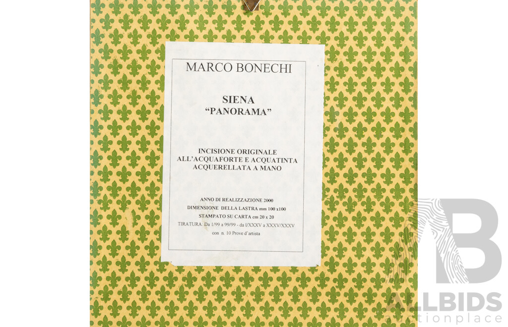 Marco Bonechi (20th Century, Italian, 1944-), Pienze La Pieve [Parish Church] & Siena Panorama, Lovely Pair of Original Engravings; Etching & Acquatints by Hand,  22 x 22 cm (frames) (2)