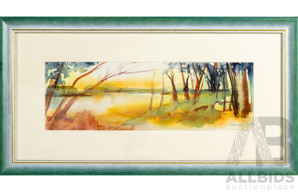 Kathleen Bowmer, (20th Century, Australian), a Walk by the River (2015), Lovely Original Watercolour on Arches Paper, 35 x 65 cm (frame)