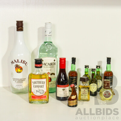 Collection of Alcoholic Beverages Including Malibu, Bacardi, Southern Comfort, Mozart Liquer & Amaretto