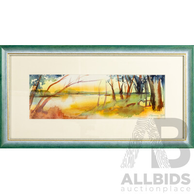 Kathleen Bowmer, (20th Century, Australian), a Walk by the River (2015), Lovely Original Watercolour on Arches Paper, 35 x 65 cm (frame)