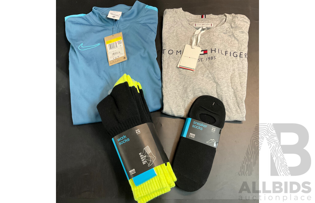 NIKE Womens Blue Dri-FIT Top Size S & Tommy Hilfiger Boy's Tee Size 14 & 2 Sets of 3-Pack Men's Size 6-10 Socks