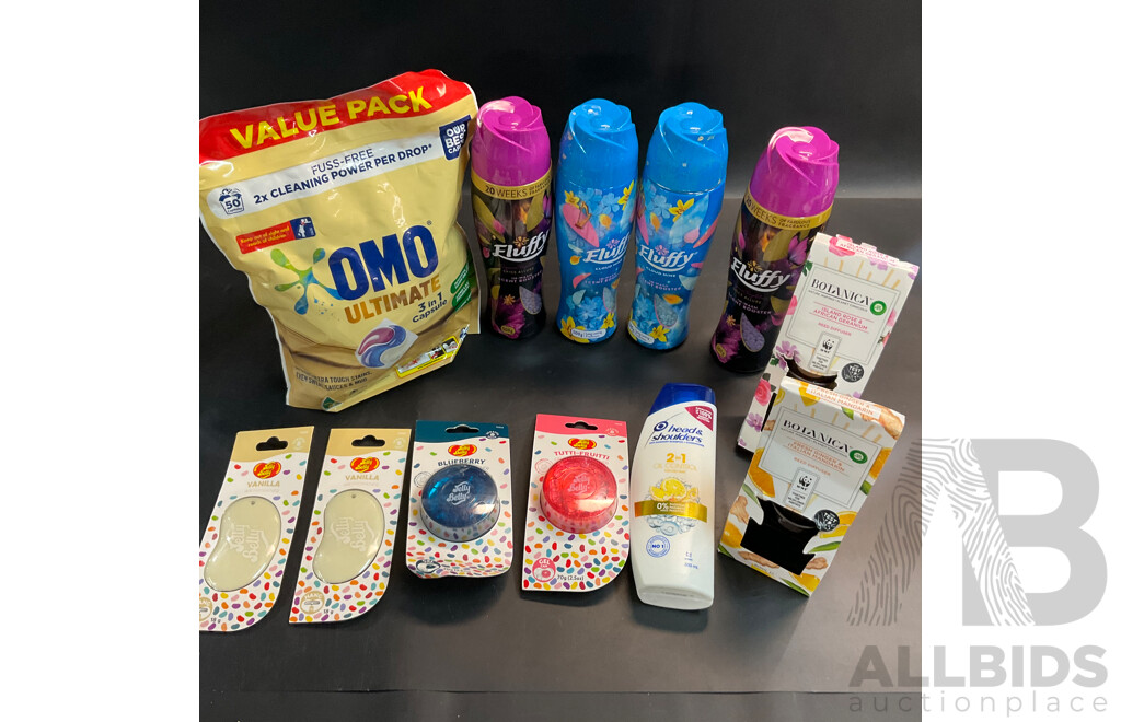 Assorted Household Items - Fluffy In-Wash Scent Booster, Botanica Reed Diffuser, OMO Washing Capsules and More