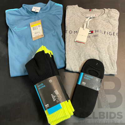 NIKE Womens Blue Dri-FIT Top Size S & Tommy Hilfiger Boy's Tee Size 14 & 2 Sets of 3-Pack Men's Size 6-10 Socks