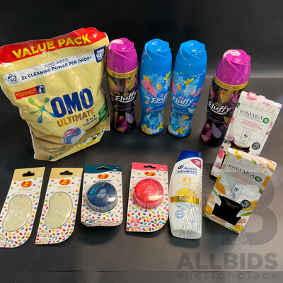 Assorted Household Items - Fluffy In-Wash Scent Booster, Botanica Reed Diffuser, OMO Washing Capsules and More