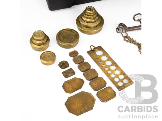 Antique Brass Balance Scales with Wall Mount Hook and Assortment of Weights