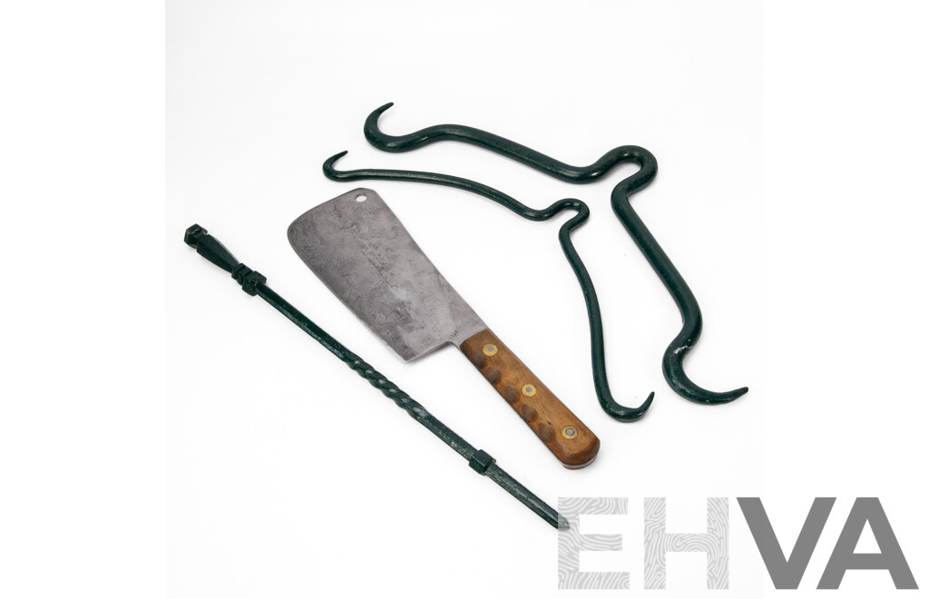 Two Antique Iron Meat Hooks, Elwell Timber Handled Butchers Cleaver and Wrought Iron Fire Poker