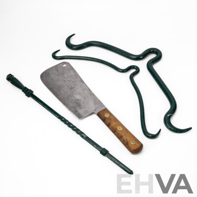 Two Antique Iron Meat Hooks, Elwell Timber Handled Butchers Cleaver and Wrought Iron Fire Poker