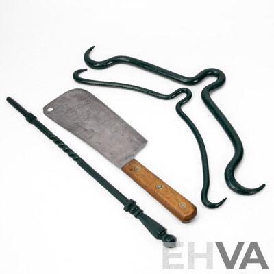 Two Antique Iron Meat Hooks, Elwell Timber Handled Butchers Cleaver and Wrought Iron Fire Poker
