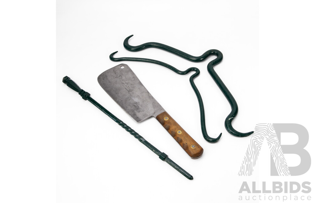 Two Antique Iron Meat Hooks, Elwell Timber Handled Butchers Cleaver and Wrought Iron Fire Poker