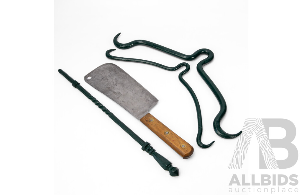 Two Antique Iron Meat Hooks, Elwell Timber Handled Butchers Cleaver and Wrought Iron Fire Poker