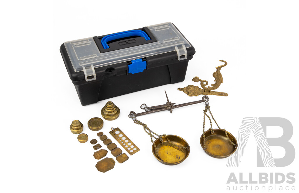 Antique Brass Balance Scales with Wall Mount Hook and Assortment of Weights