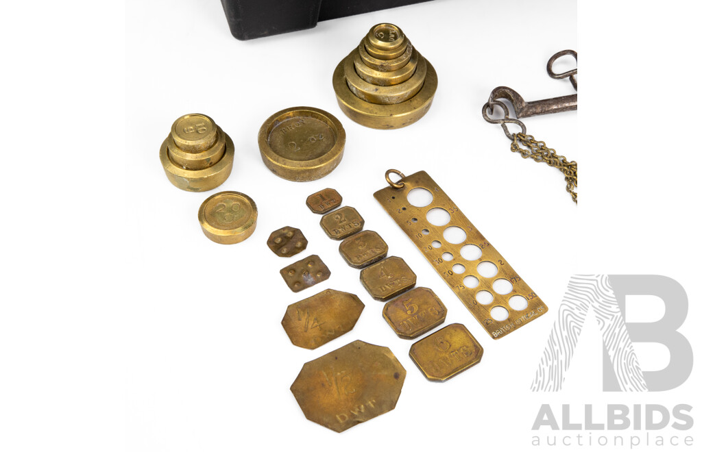 Antique Brass Balance Scales with Wall Mount Hook and Assortment of Weights