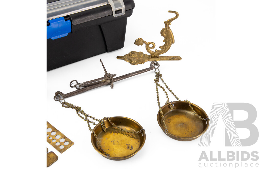 Antique Brass Balance Scales with Wall Mount Hook and Assortment of Weights