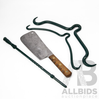 Two Antique Iron Meat Hooks, Elwell Timber Handled Butchers Cleaver and Wrought Iron Fire Poker