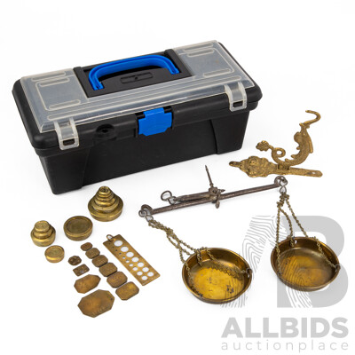 Antique Brass Balance Scales with Wall Mount Hook and Assortment of Weights
