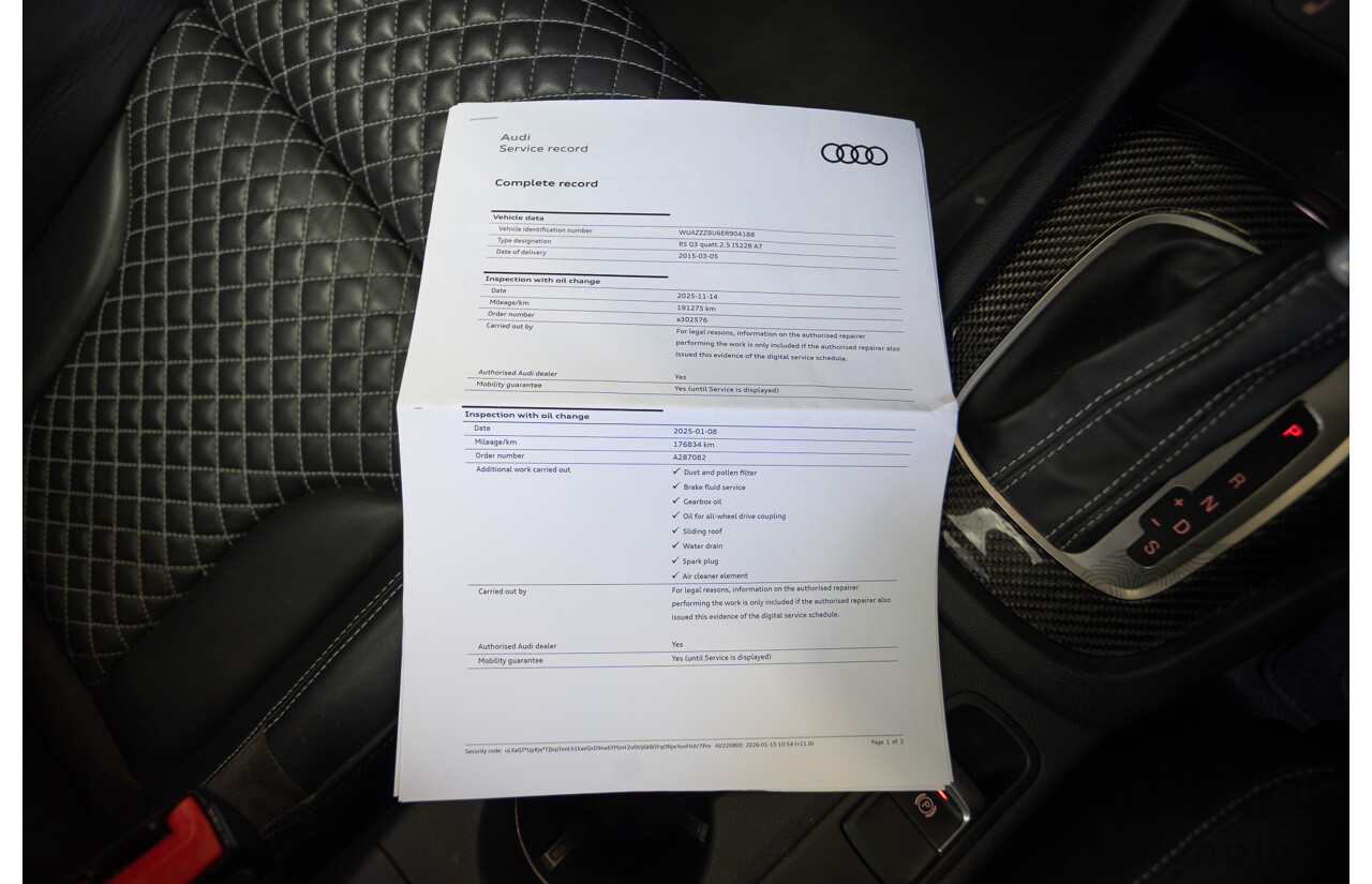 2/2015 Audi RS Q3 2.5 TFSI Quattro (AWD) 8U MY14 4D Wagon Daytona Grey Pearl Turbo 2.5L